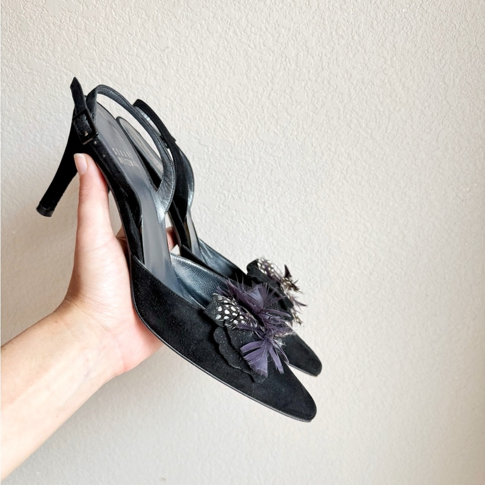 Stuart Weitzman Vintage Sling Back Suede Feather Pumps